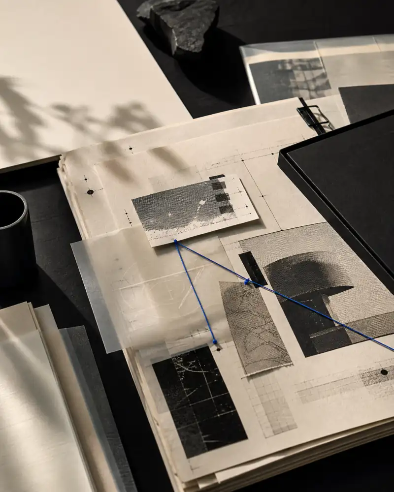 A desk where clipped reports, tracing paper, and a cobalt thread are being assembled into one page