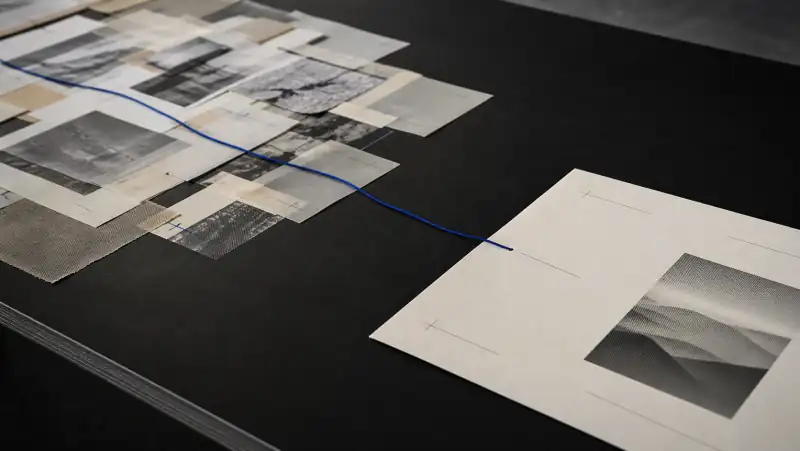 Dozens of overlapping clippings on a black table, joined by a single cobalt thread that ends on one clean page
